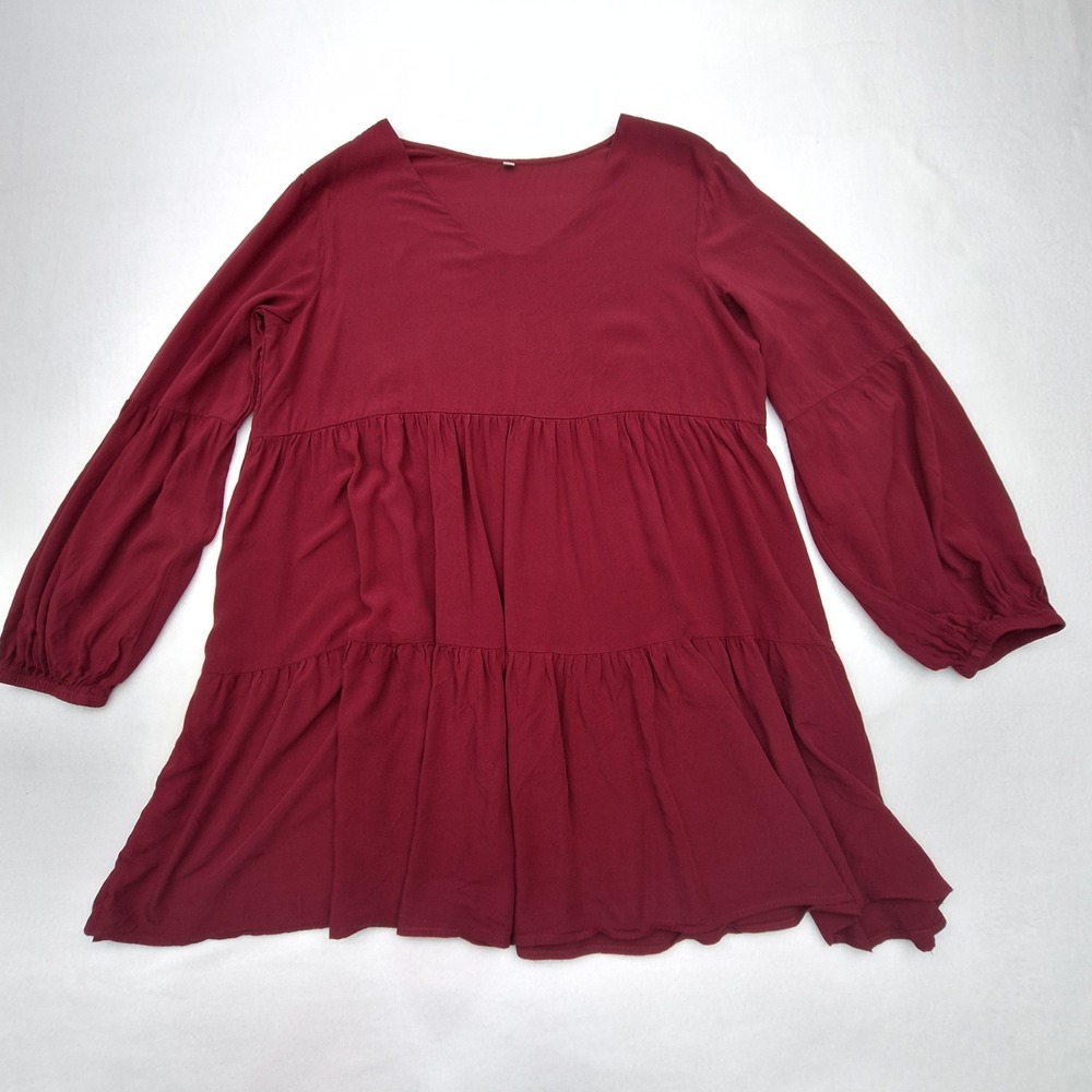 Tiered Mini Babydoll Dress Womens Medium Burgundy Long Sleeve Boho